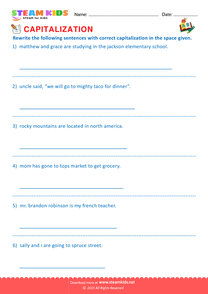 Free English Worksheet - Identify the capitalization word - Worksheet 14