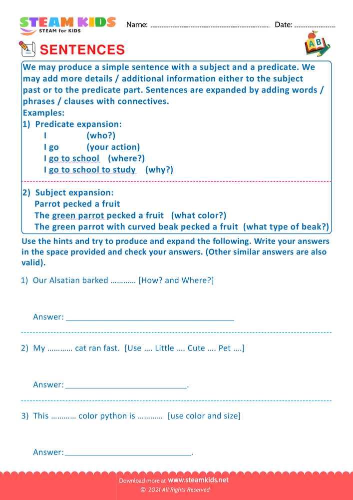 Free English Worksheet - Produce and expand sentences - Worksheet 1