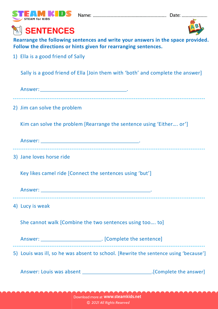 Free English Worksheet - Produce and expand sentences - Worksheet 7