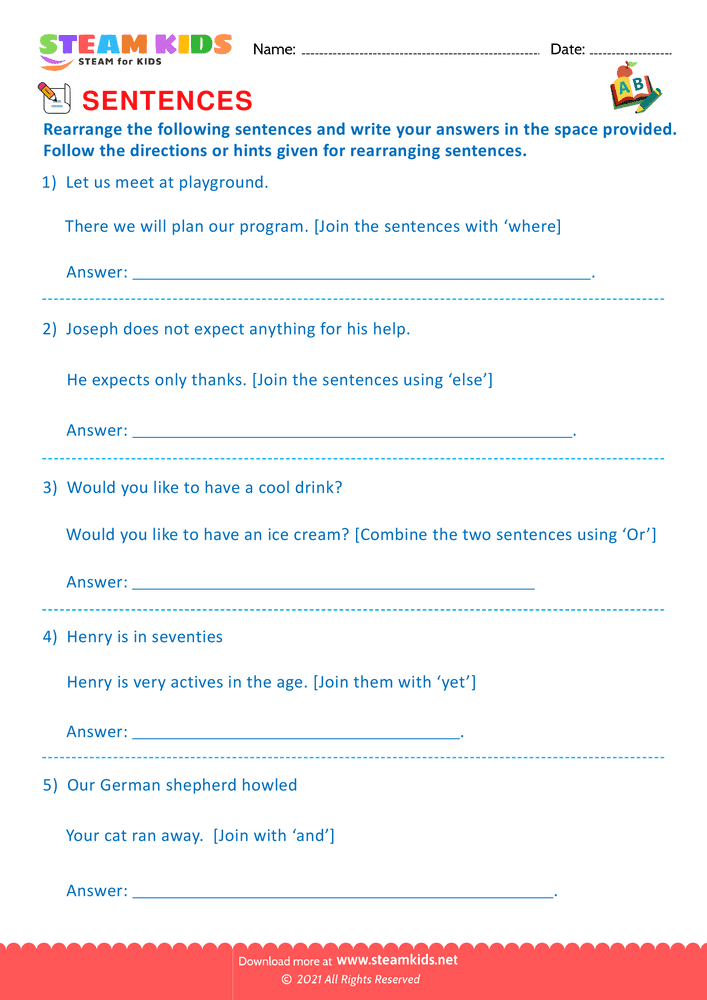 Free English Worksheet - Produce and expand sentences - Worksheet 9