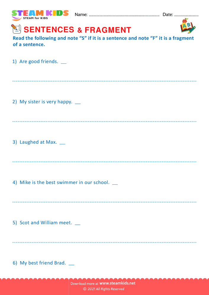 Free English Worksheet - Sentence & fragment - Worksheet 3