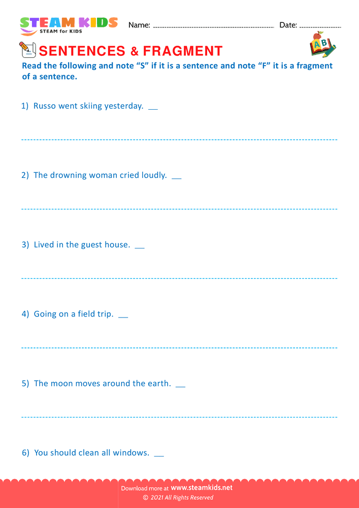 Free English Worksheet - Sentence & fragment - Worksheet 4