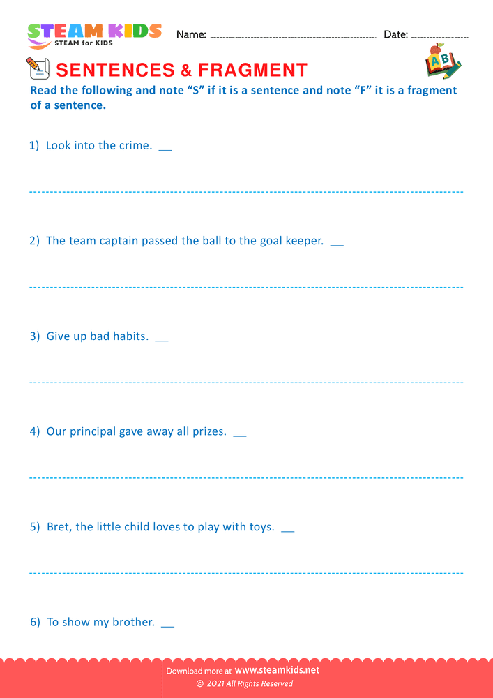 Free English Worksheet - Sentence & fragment - Worksheet 5