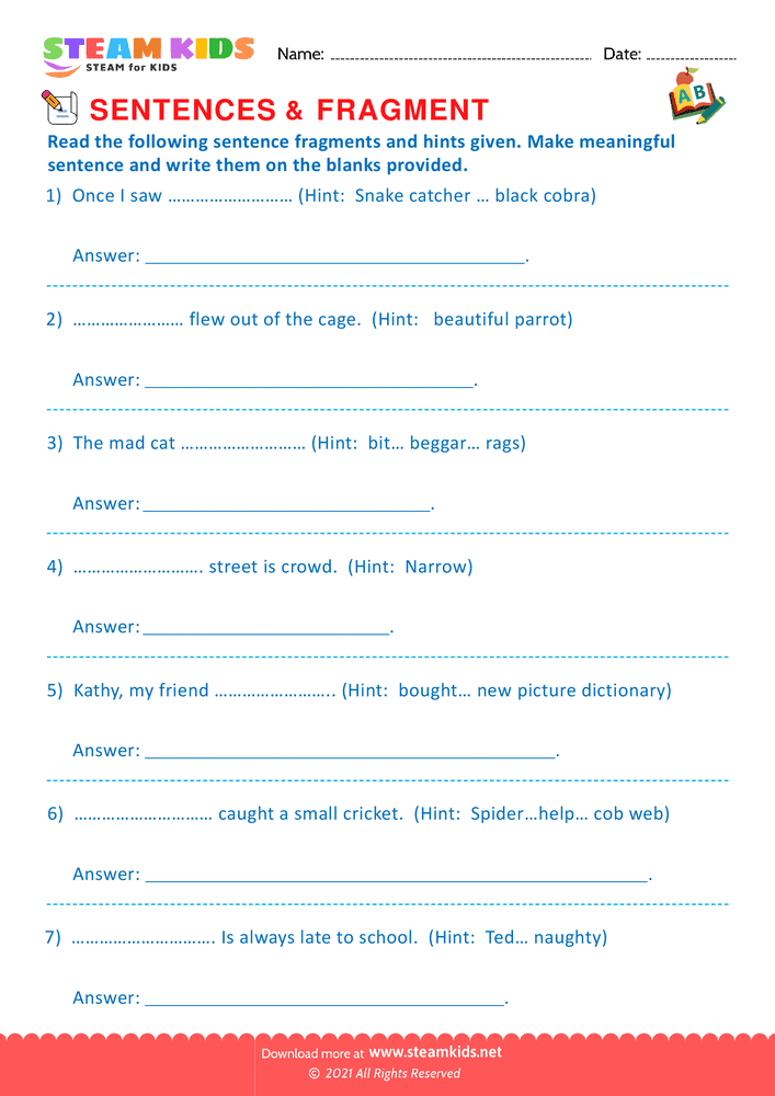 Free English Worksheet - Sentence & fragment - Worksheet 7