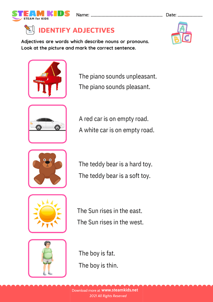 Free English Worksheet - Identify Adjectives - Worksheet 5