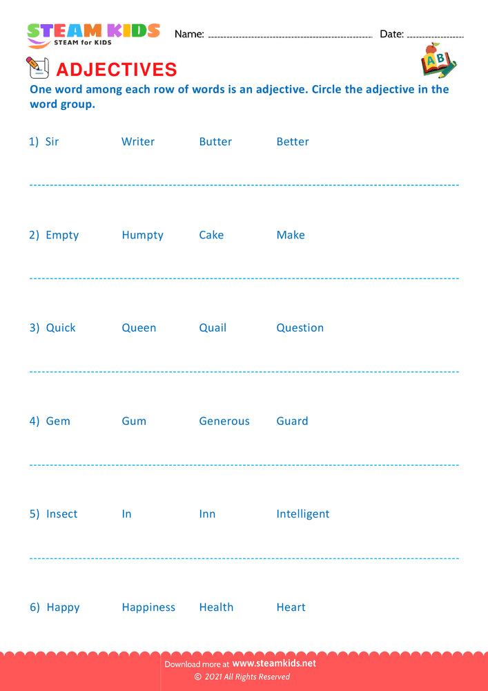 Free English Worksheet - Circle the adjectives - Worksheet 10