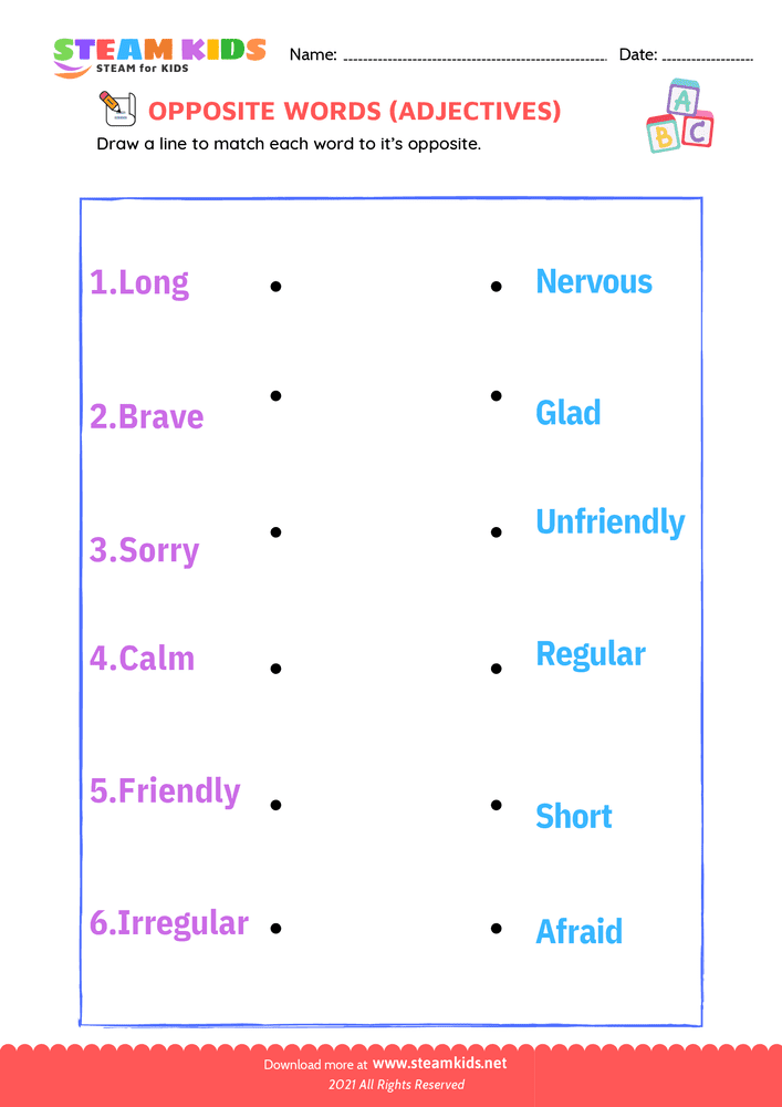 Free English Worksheet - Opposite Adjectives - Worksheet 7