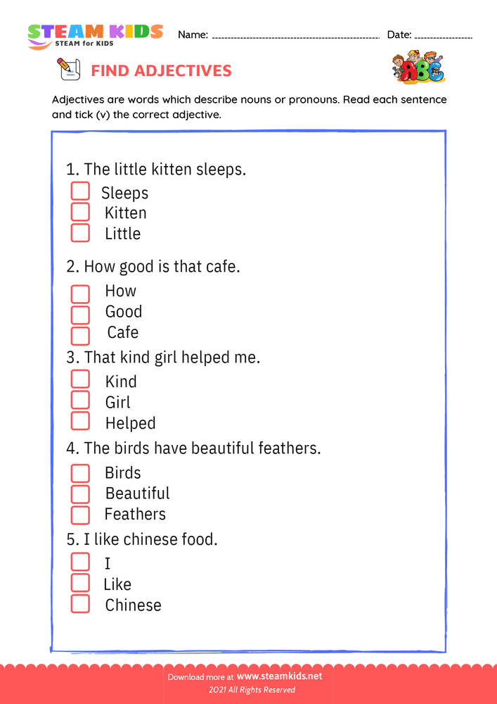 Free English Worksheet - Find Adjectives - Worksheet 4