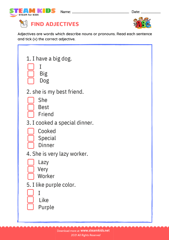 Free English Worksheet - Find Adjectives - Worksheet 5