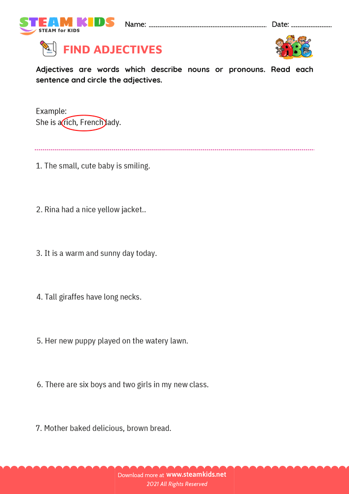 Free English Worksheet - Find Adjectives - Worksheet 7