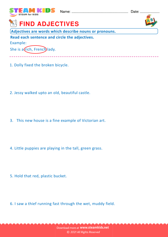 Free English Worksheet - Find Adjectives - Worksheet 10