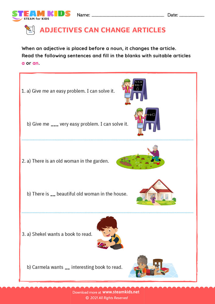 Free English Worksheet - Adjectives change articles - Worksheet 2