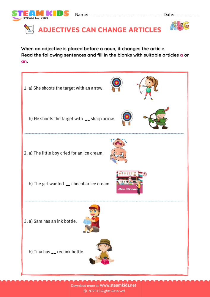 Free English Worksheet - Adjectives change articles - Worksheet 3