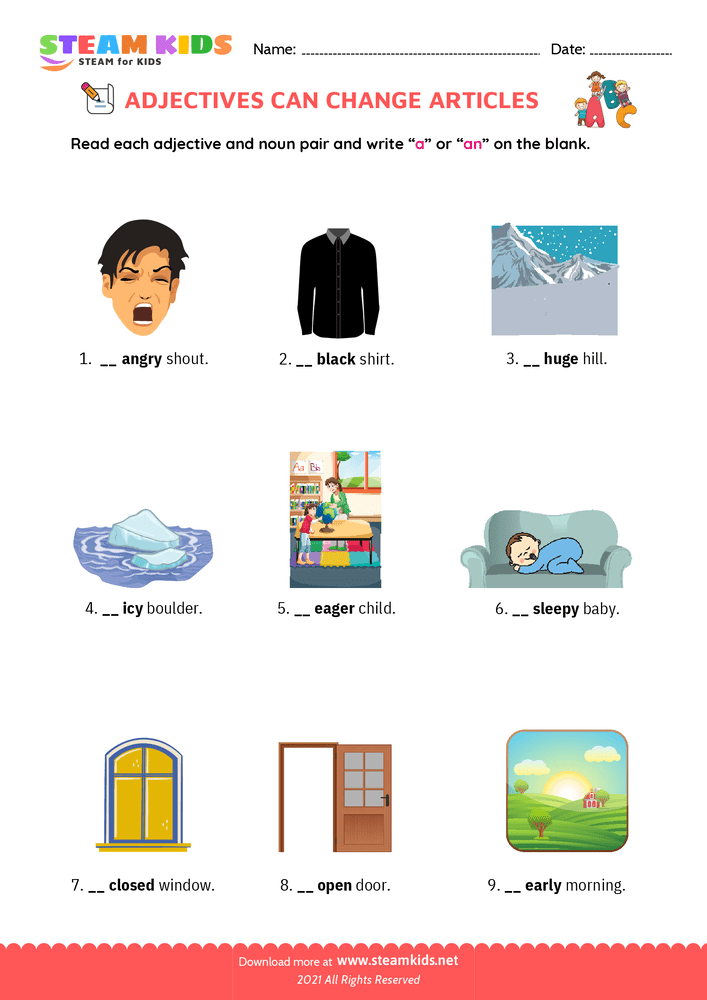 Free English Worksheet - Adjectives change articles - Worksheet 4