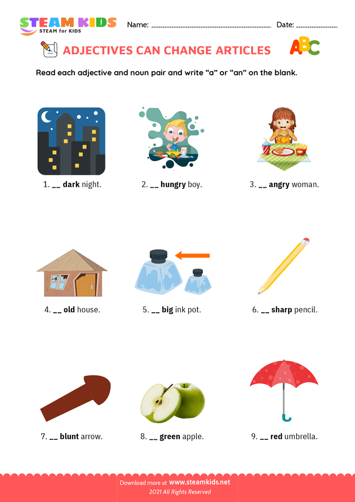 Free English Worksheet - Adjectives change articles - Worksheet 5