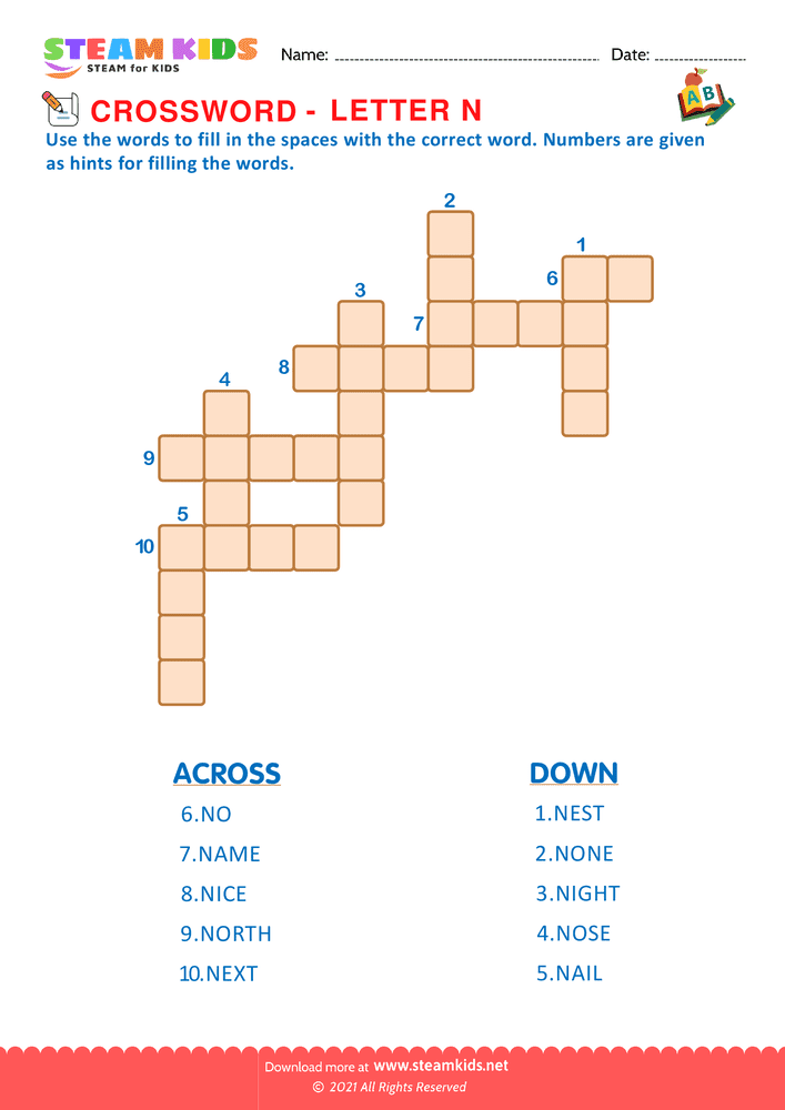 Free English Worksheet - Crosswords with n