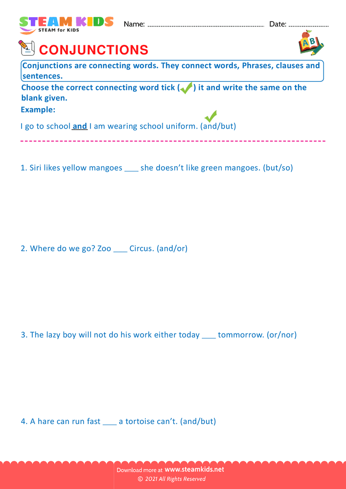 Free English Worksheet - Conjunctions - Worksheet 3
