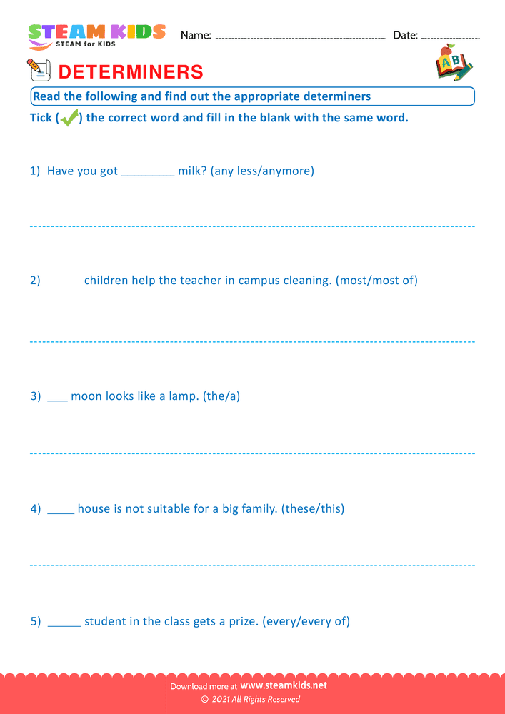 Free English Worksheet - Appropriate determiners - Worksheet 4