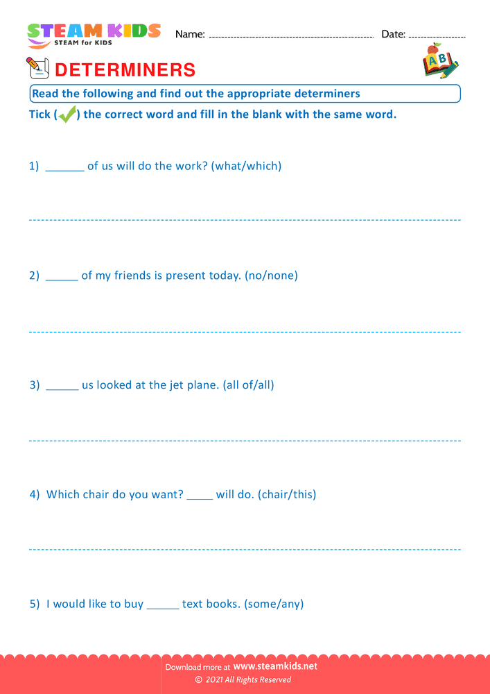 Free English Worksheet - Appropriate determiners - Worksheet 5