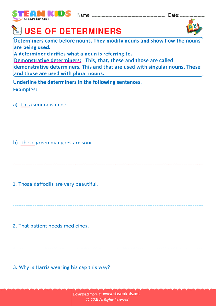 Free English Worksheet - Demonstrative determiners - Worksheet 1