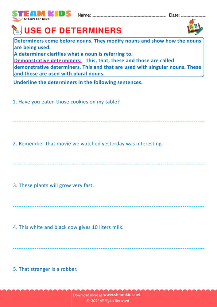 Free English Worksheet - Demonstrative determiners - Worksheet 2