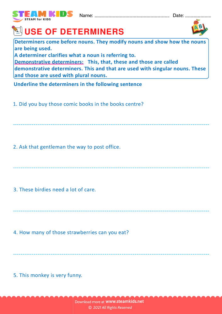 Free English Worksheet - Demonstrative determiners - Worksheet 3