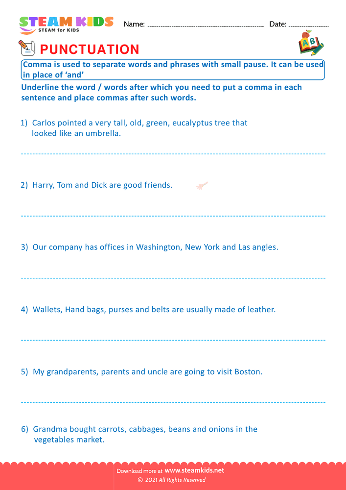 Free English Worksheet - Use of Commas - Worksheet 1