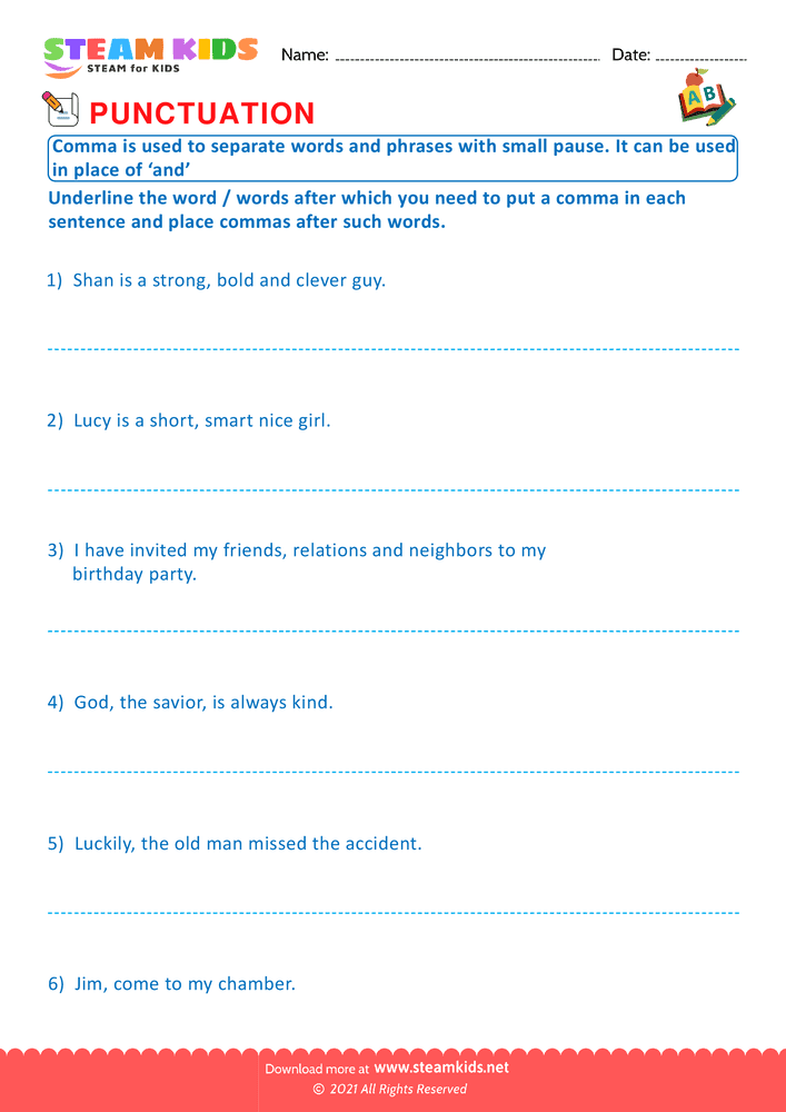 Free English Worksheet - Use of Commas - Worksheet 3