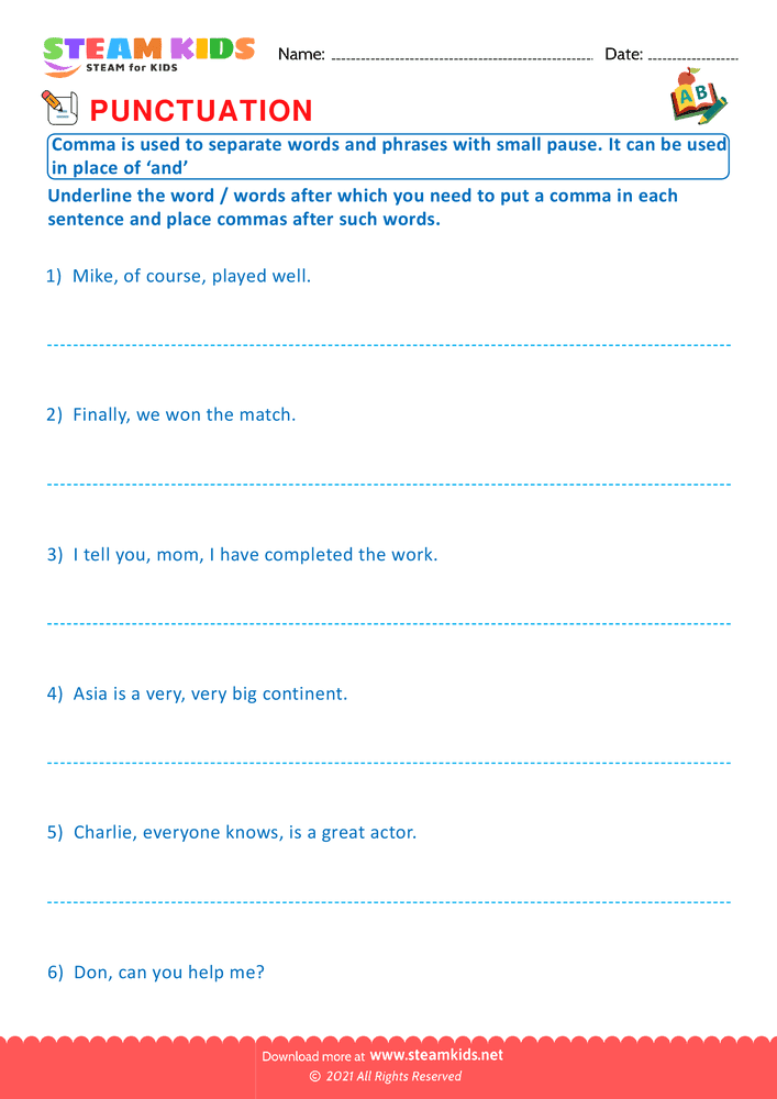 Free English Worksheet - Use of Commas - Worksheet 10