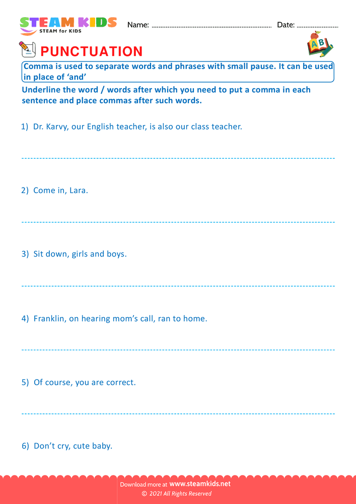 Free English Worksheet - Use of Commas - Worksheet 11
