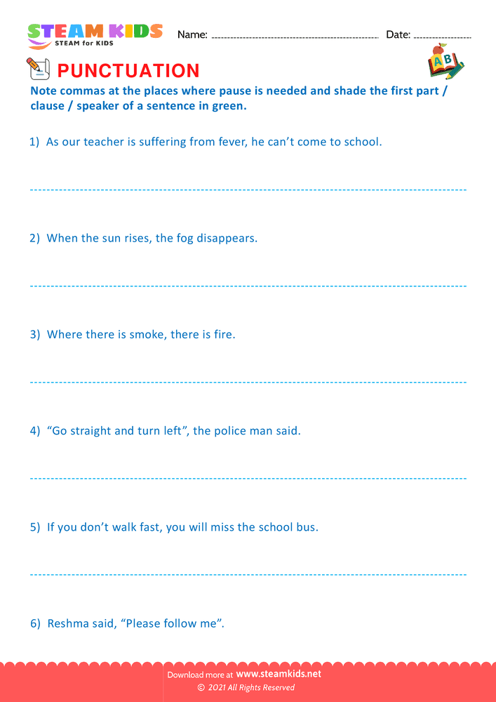 Free English Worksheet - Use of Commas - Worksheet 15