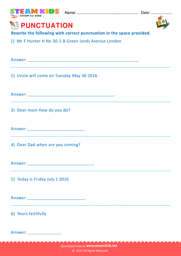 Free English Worksheet - Use of Commas - Worksheet 18