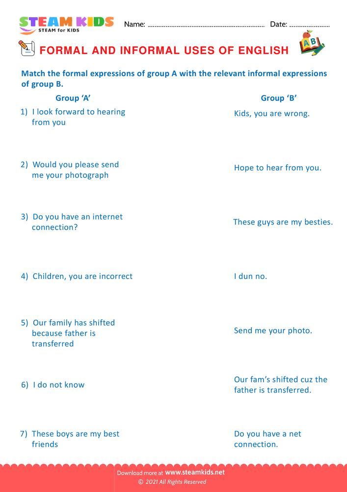 Free English Worksheet - Formal & Informal  - Worksheet 7
