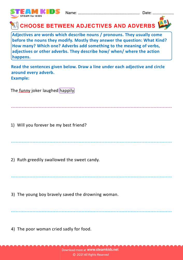 Free English Worksheet - Choose adjectives and adverbs - Worksheet 5