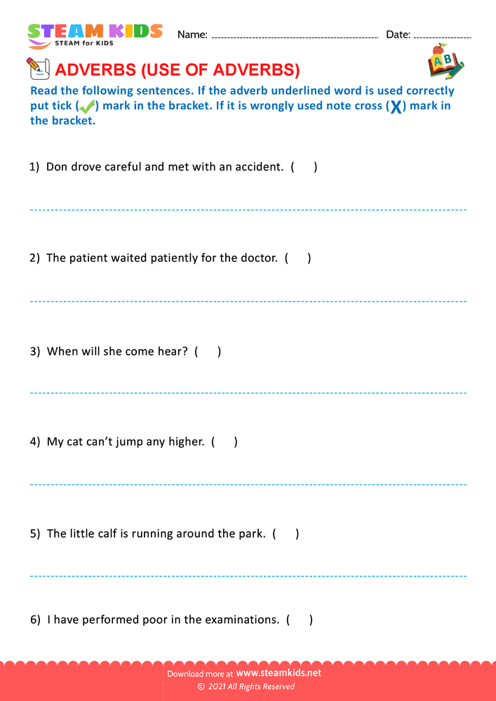Free English Worksheet - Use of adverbs - Worksheet 2
