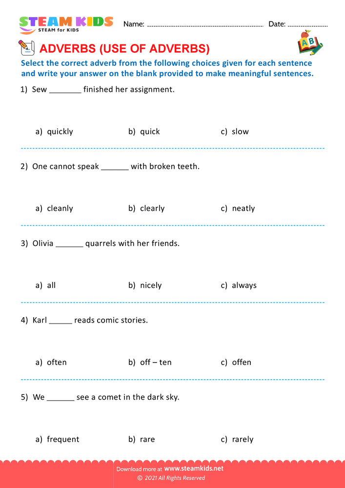 Free English Worksheet - Use of adverbs - Worksheet 6