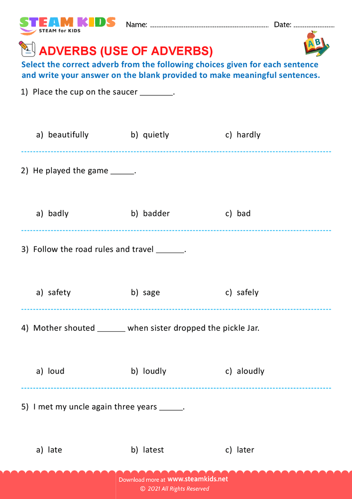 Free English Worksheet - Use of adverbs - Worksheet 7