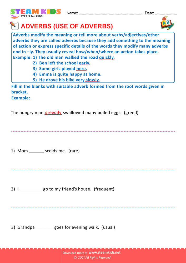 Free English Worksheet - Use of adverbs - Worksheet 9