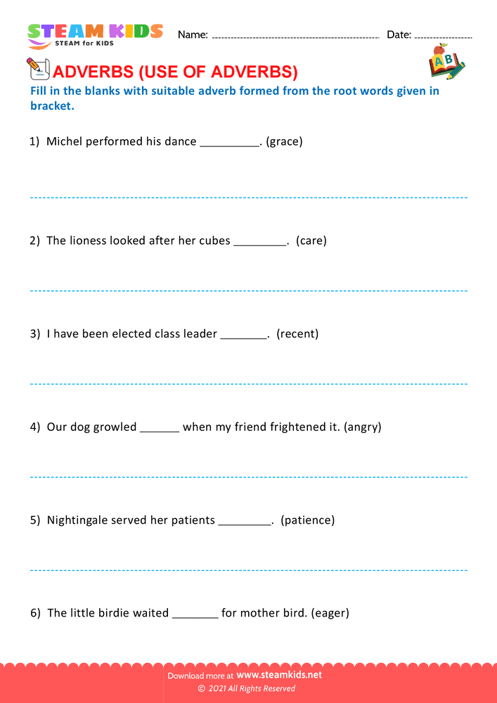 Free English Worksheet - Use of adverbs - Worksheet 12