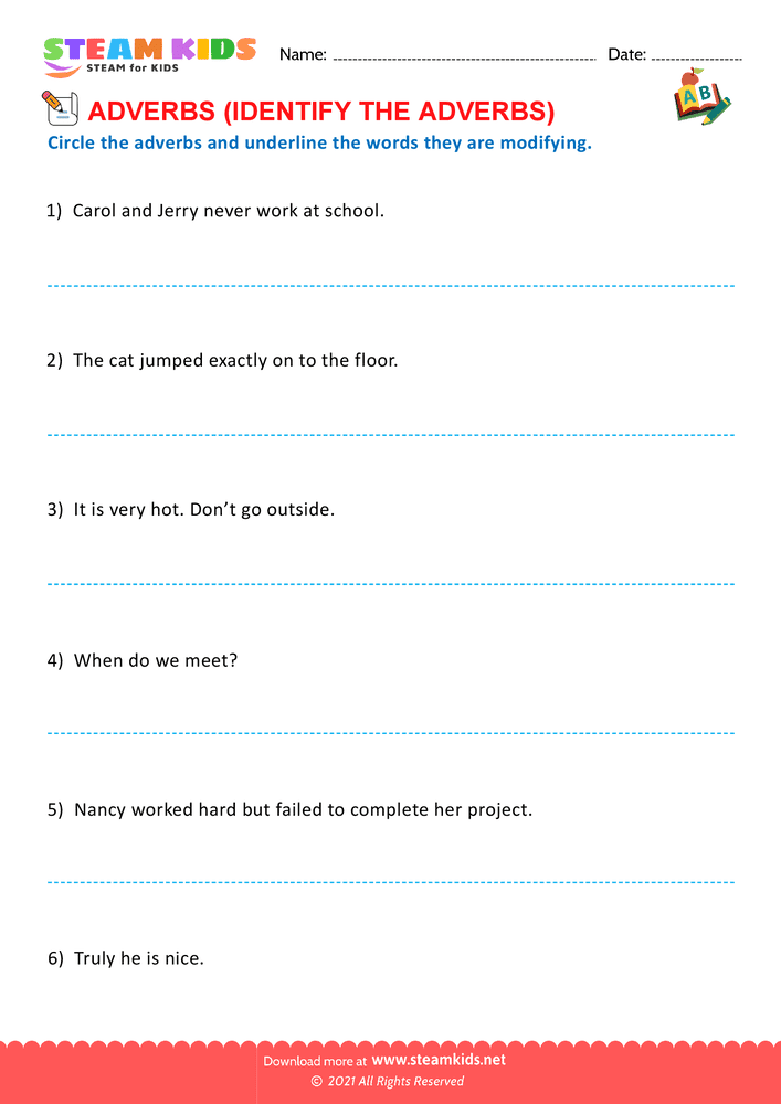 Free English Worksheet - Circle the adverbs - Worksheet 2 - STEAM KIDS