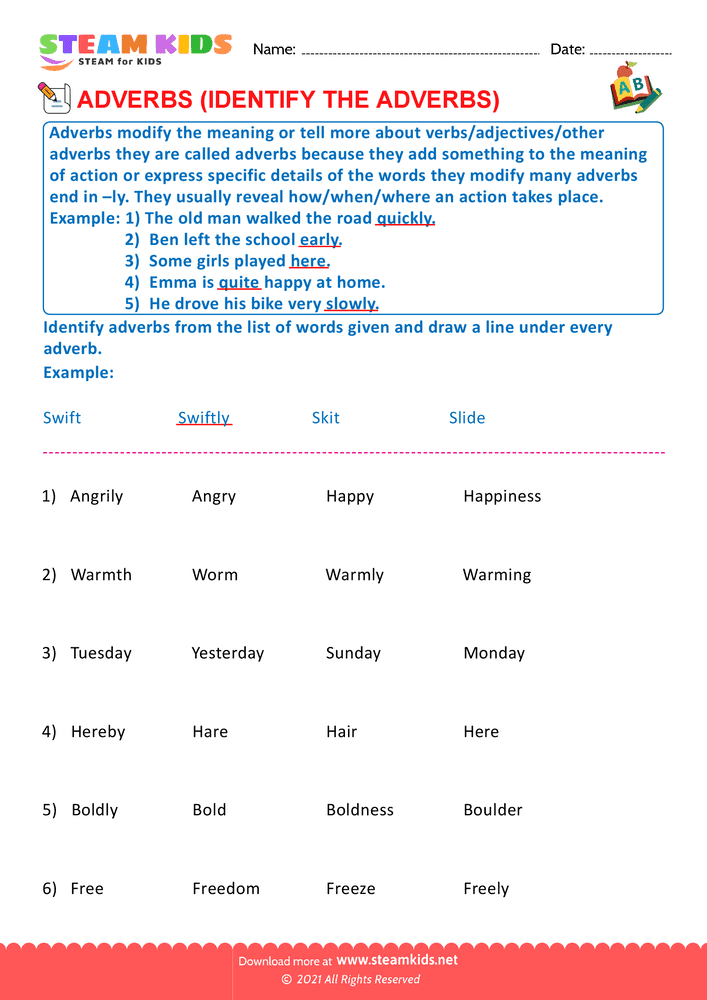 Free English Worksheet - Circle the adverbs - Worksheet 5 - STEAM KIDS