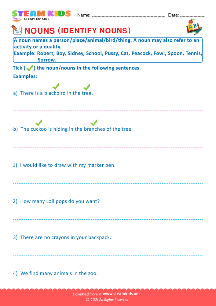 Identify nouns Worksheet For Grade 2 - STEAM KIDS