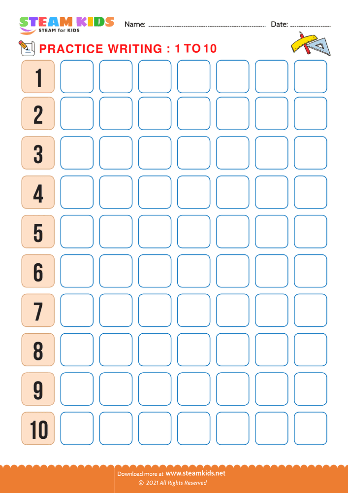 Free Math Worksheet - Practice Writing: 1 to 10 - Worksheet 1
