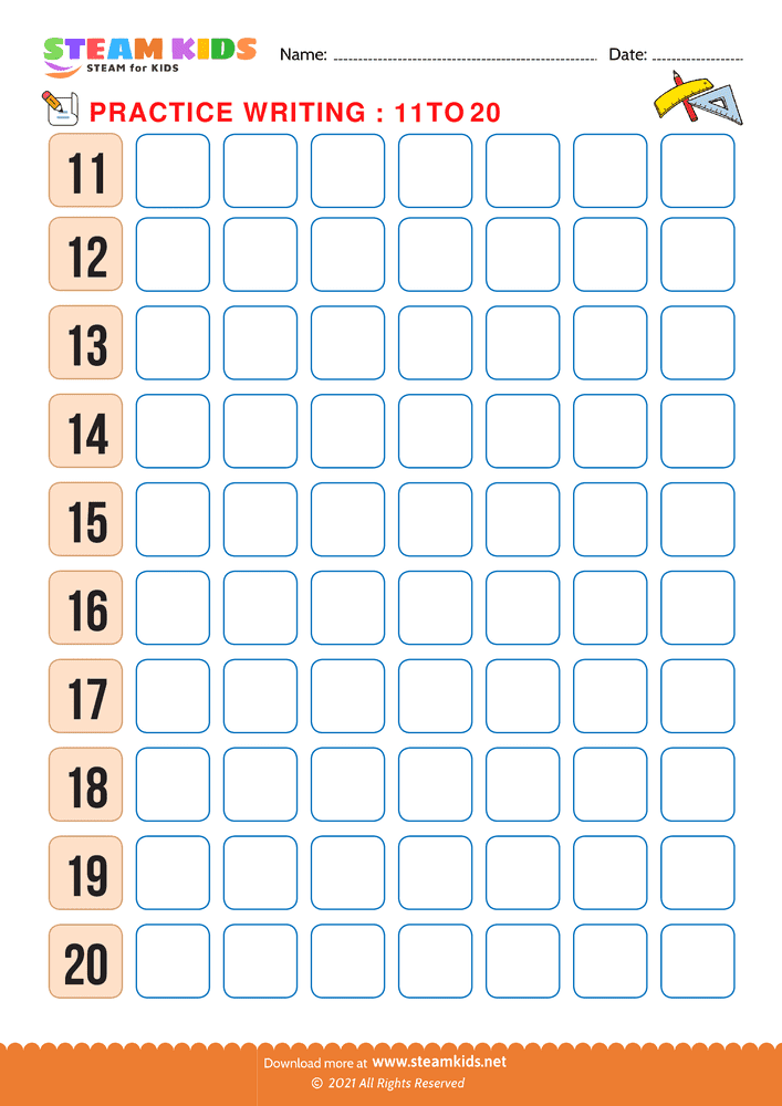 Free Math Worksheet - Practice Writing: 11 to 20 - Worksheet 1
