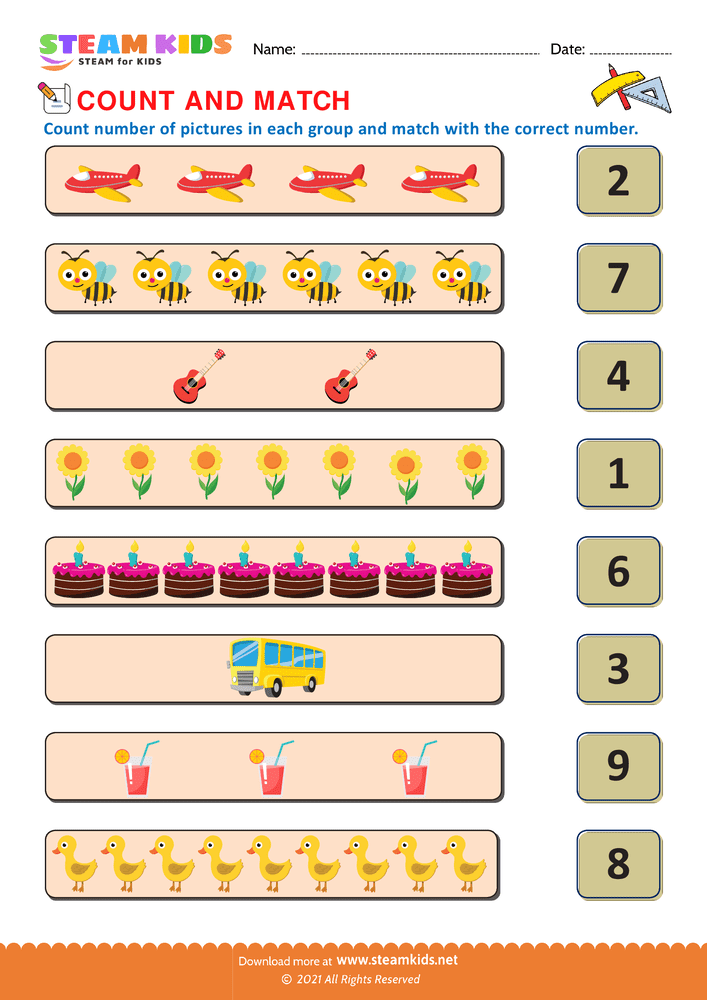 Free Math Worksheet - Count and Match - Worksheet 1