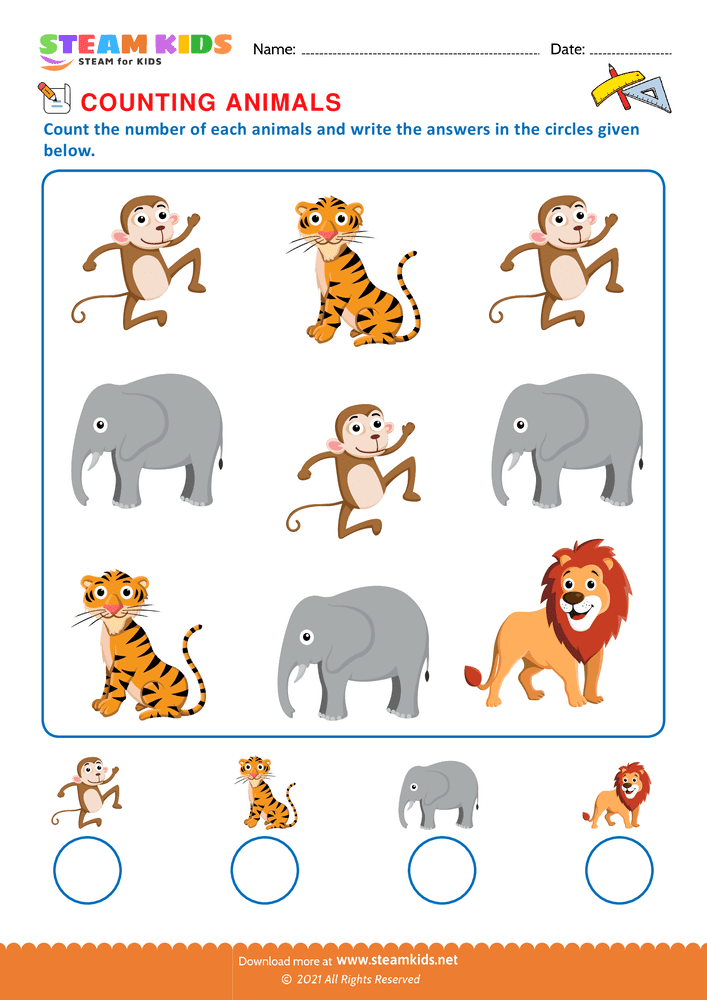 Free Math Worksheet - Counting animals