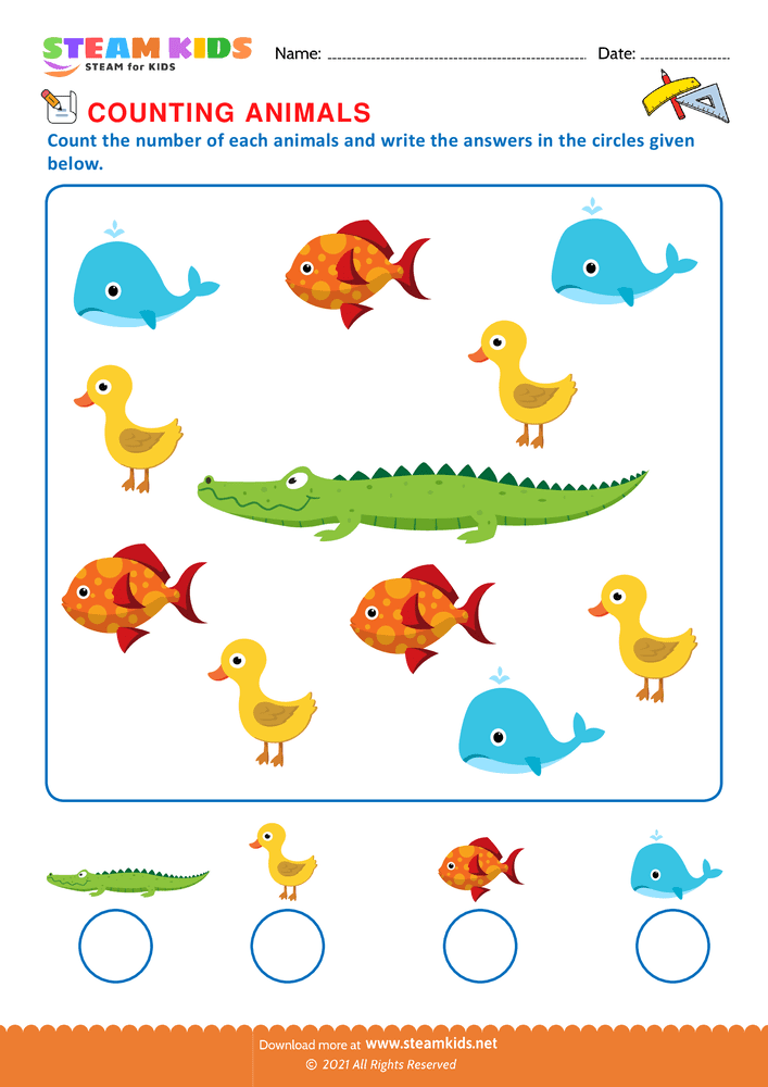 Free Math Worksheet - Counting animals