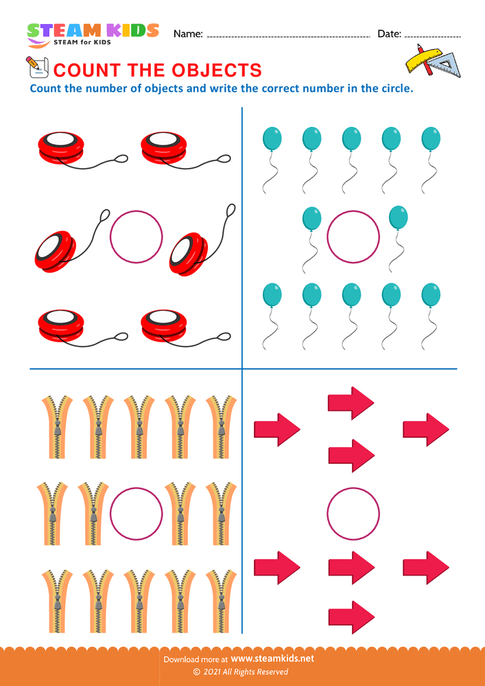 Free Math Worksheet - Count the objects - Worksheet 4