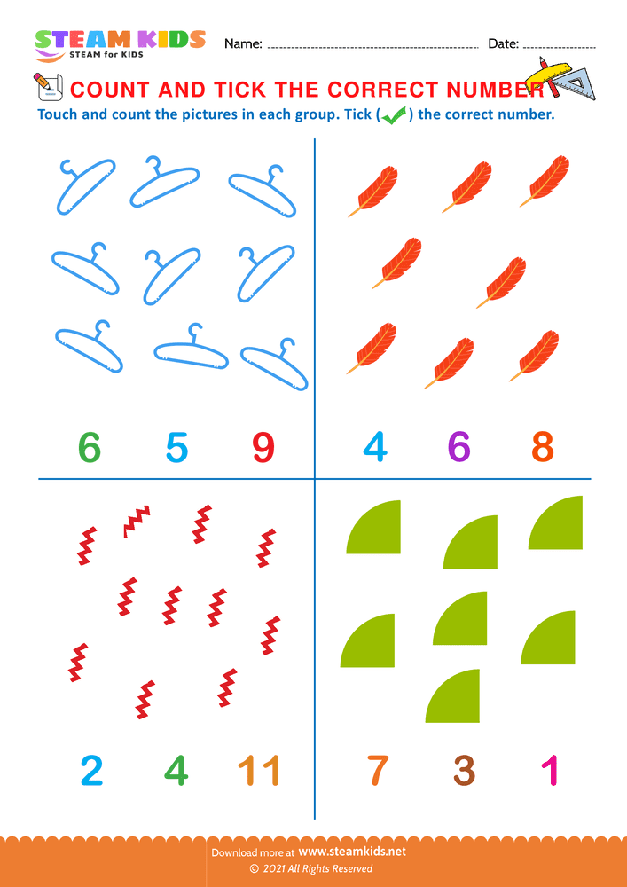 Free Math Worksheet - Count and tick the correct number - Worksheet 1