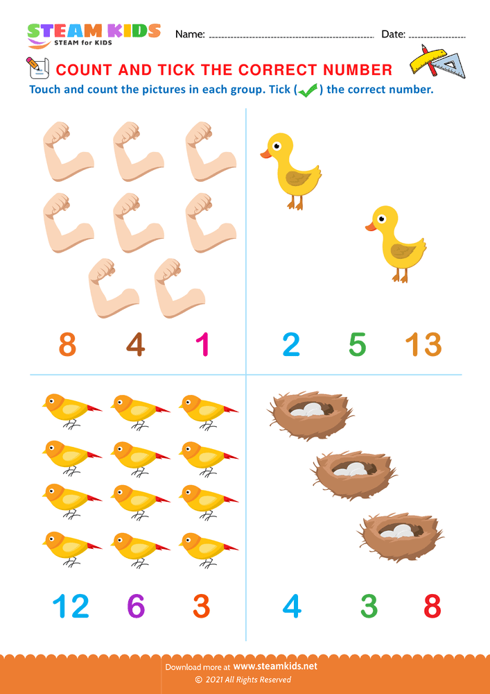 Free Math Worksheet - Count and tick the correct number - Worksheet 3